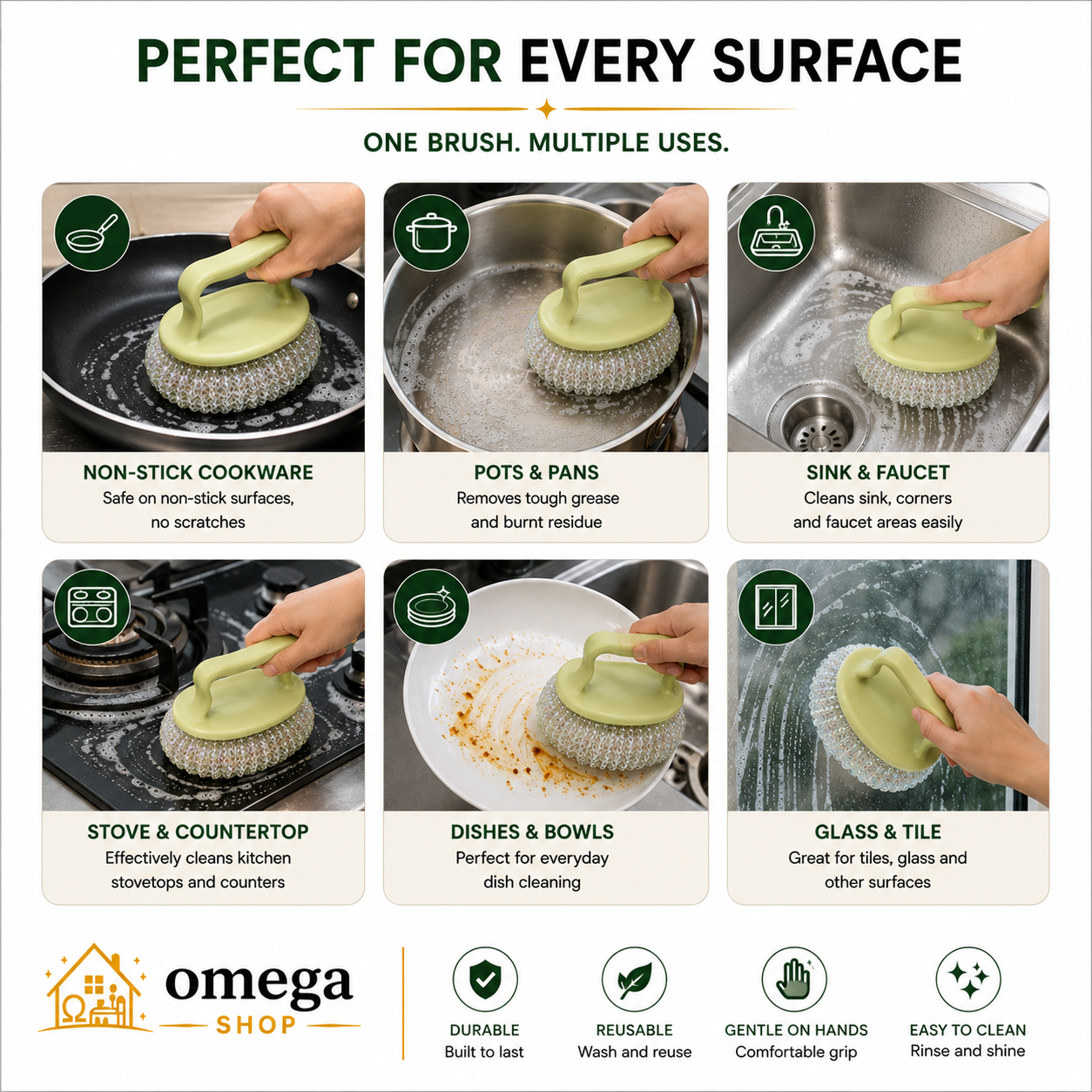 Non-stick cookware cleaning with Omega reusable scrub brush