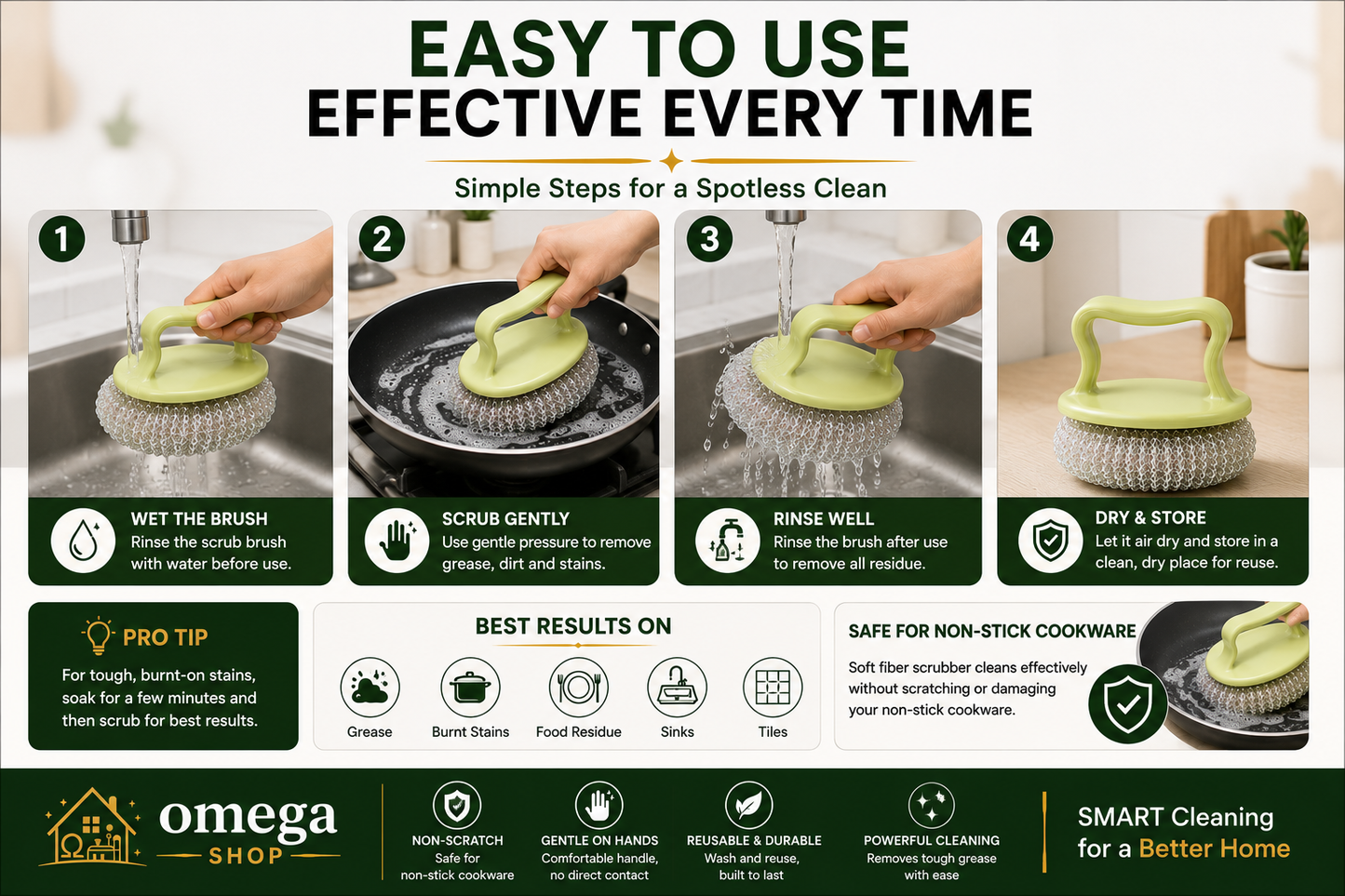 Omega kitchen cleaning brush protecting hands from dirty dishwater