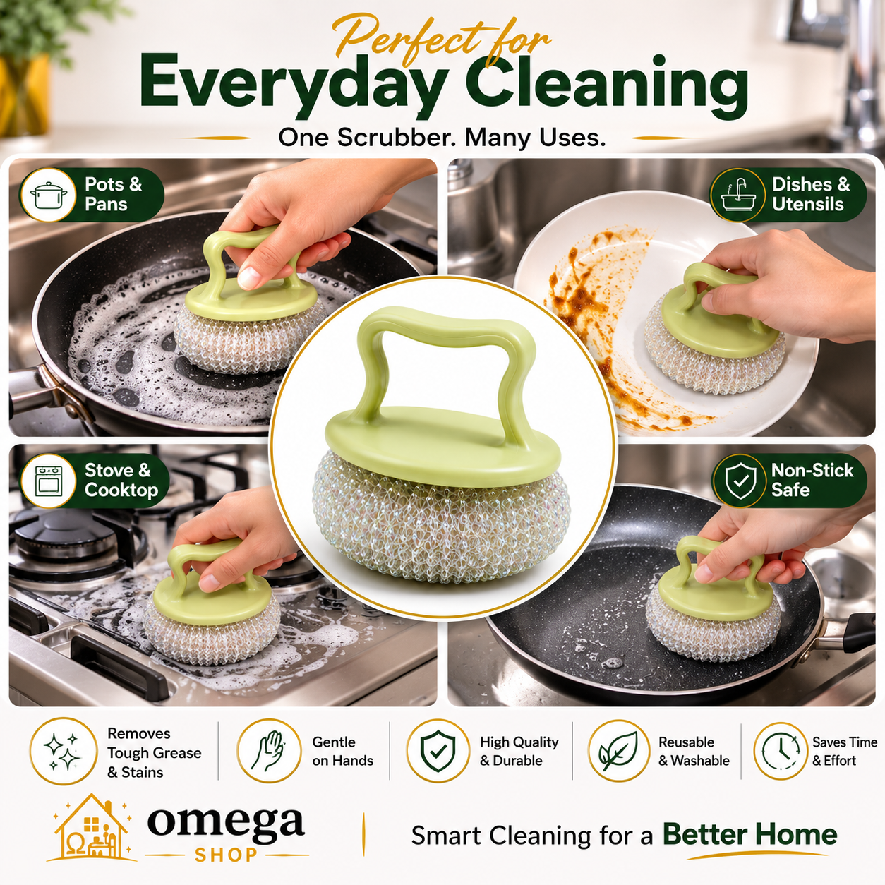 Omega dish brush compared with harsh metal scrubber