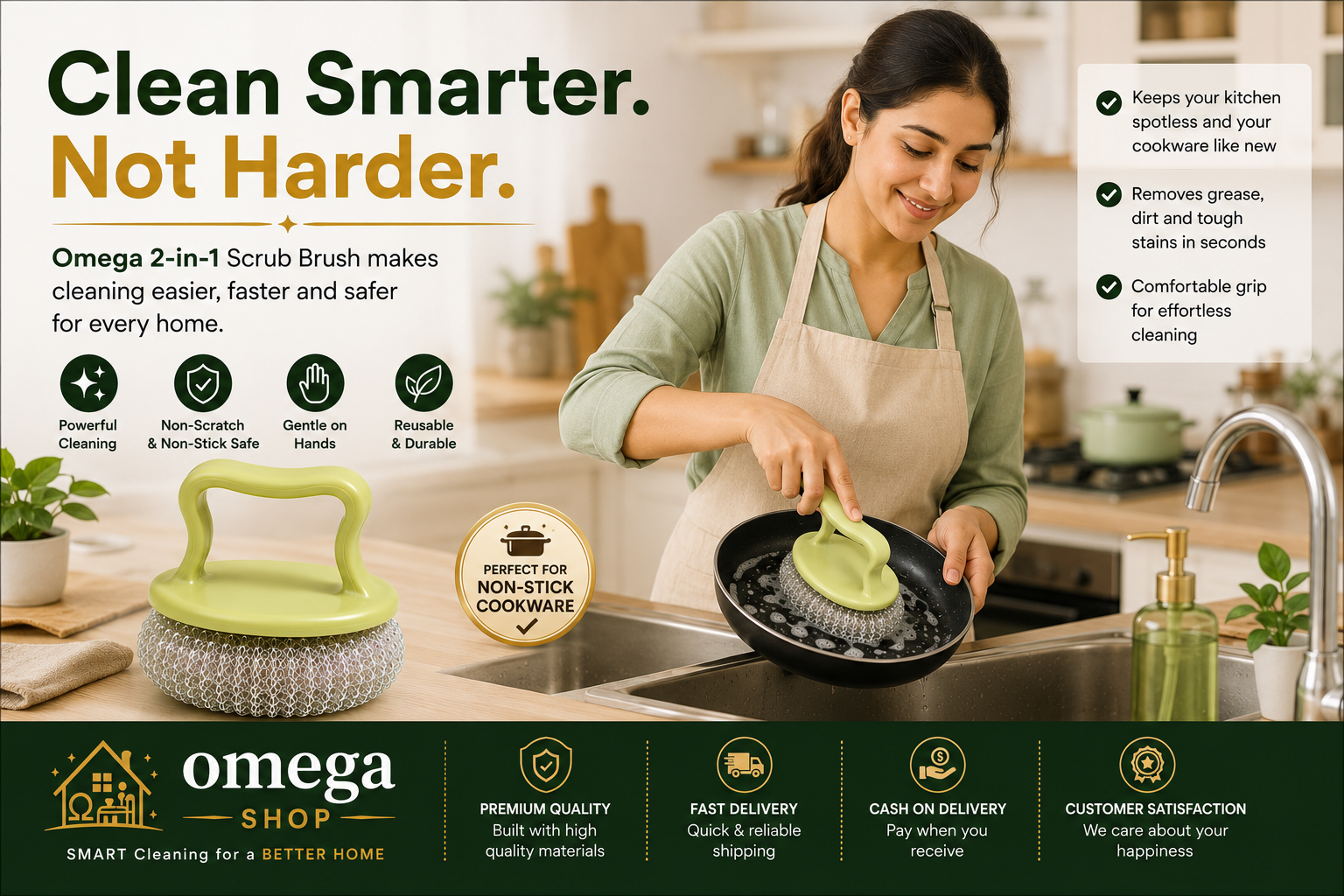 Non-stick safe Omega dish scrub brush for pots and pans