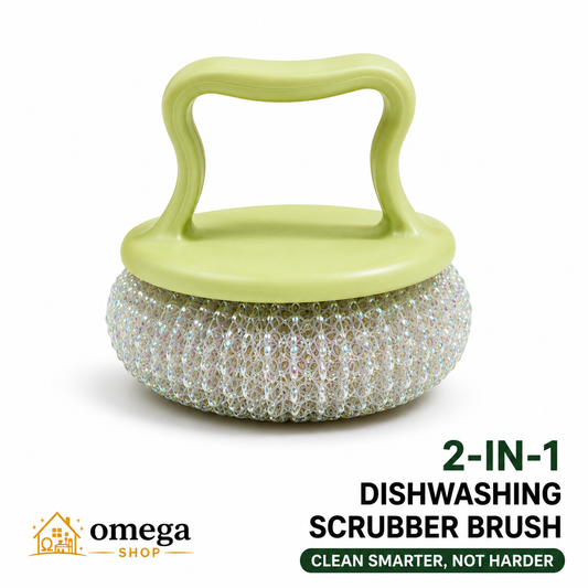 A 2-in-1 dishwashing scrubber brush by Omega Shop, featuring a light green plastic handle and lid with a sparkling silver wire scrubbing base, shown on a white background with product text.