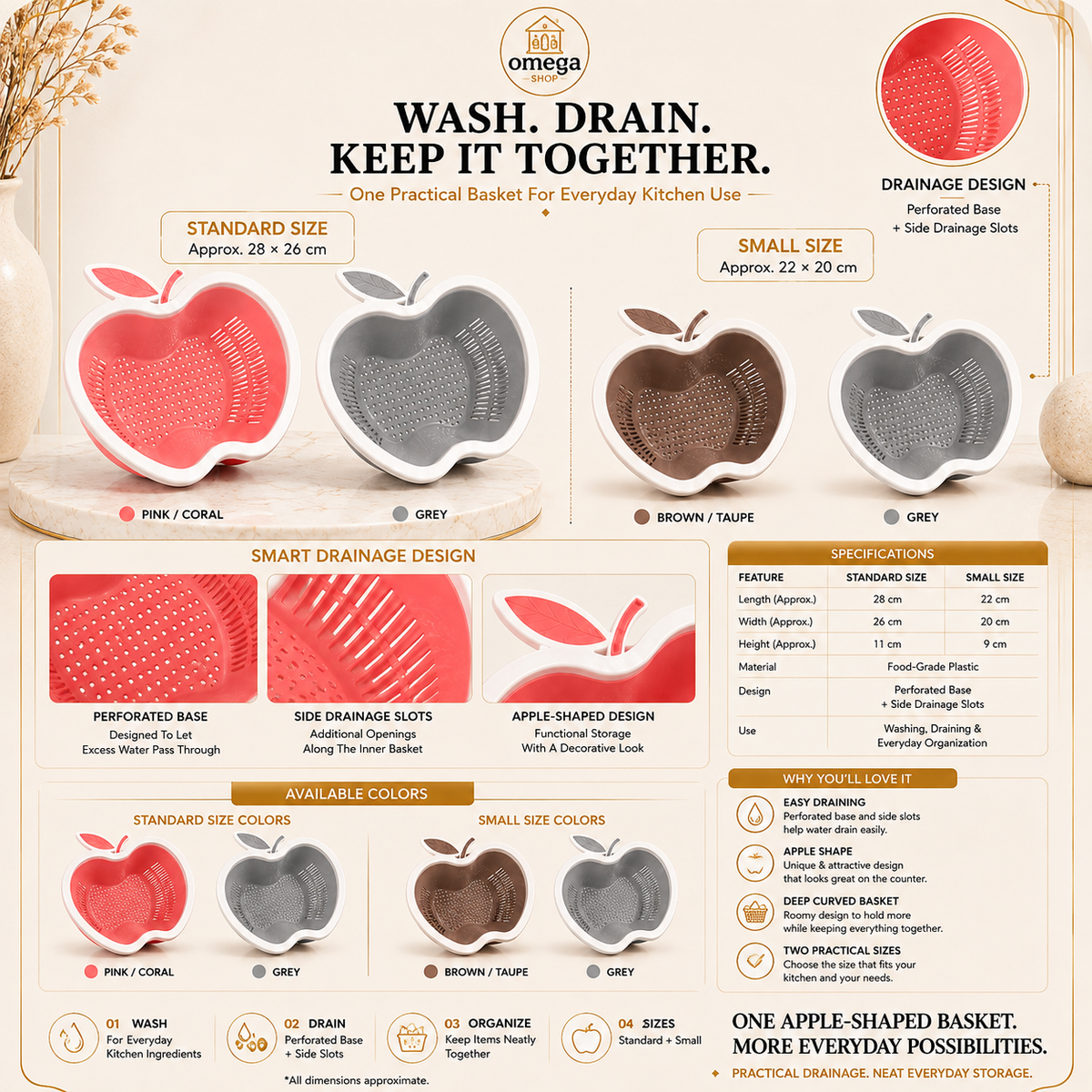 Omega Apple Shaped Fruit & Vegetable Washing Basket – Multi-Purpose Drain Colander with Handle