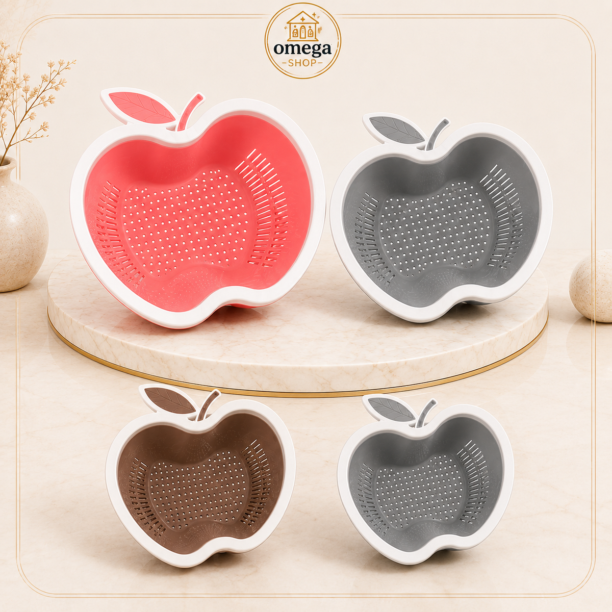 Omega Apple Shaped Fruit & Vegetable Washing Basket – Multi-Purpose Drain Colander with Handle