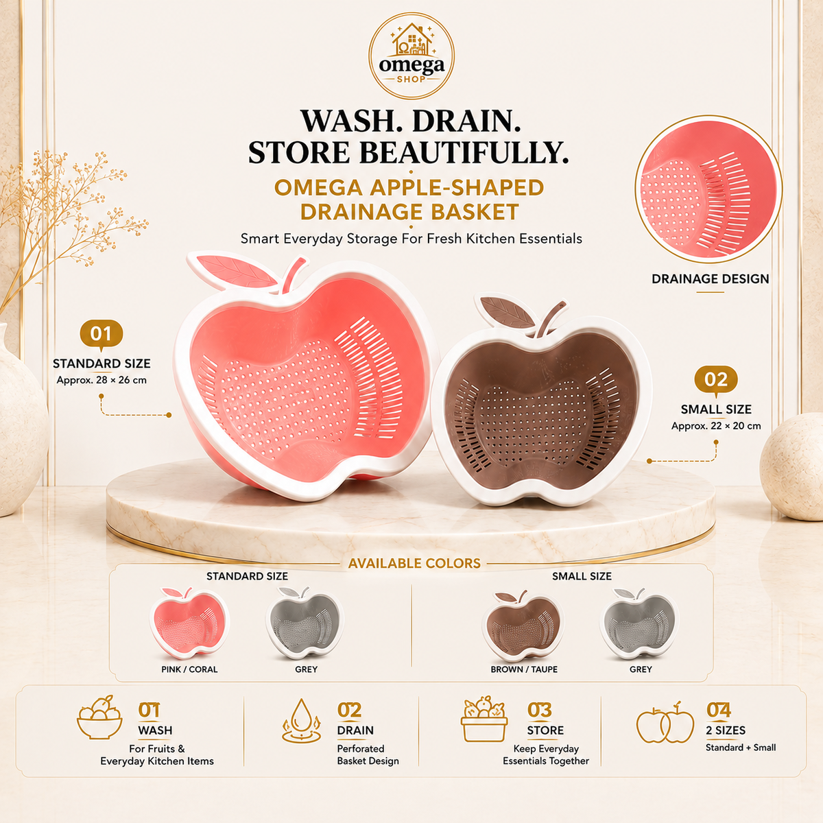 Omega Apple Shaped Fruit & Vegetable Washing Basket – Multi-Purpose Drain Colander with Handle