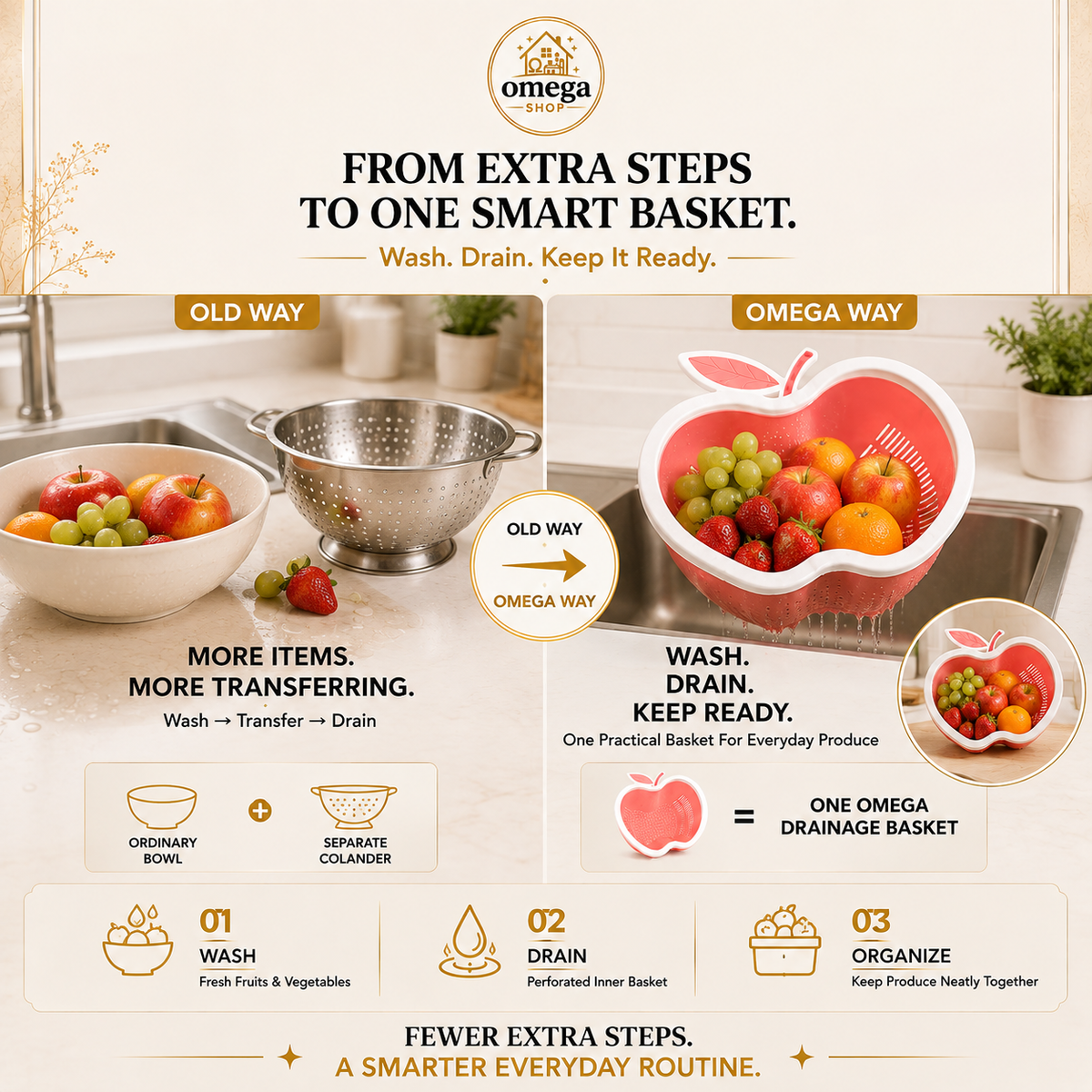 Omega Apple Shaped Fruit & Vegetable Washing Basket – Multi-Purpose Drain Colander with Handle