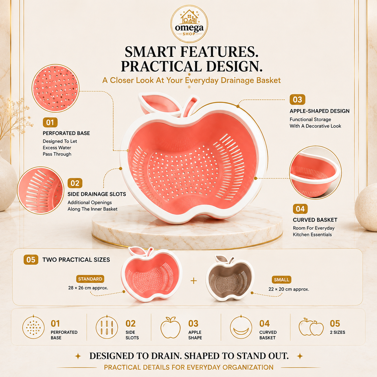 Omega Apple Shaped Fruit & Vegetable Washing Basket – Multi-Purpose Drain Colander with Handle