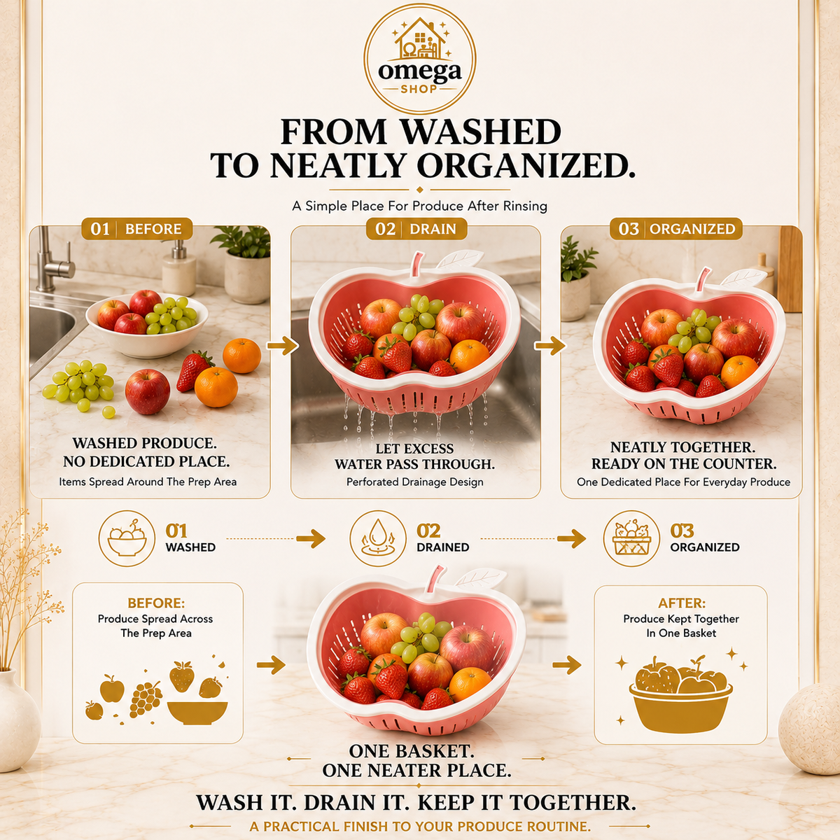 Omega Apple Shaped Fruit & Vegetable Washing Basket – Multi-Purpose Drain Colander with Handle