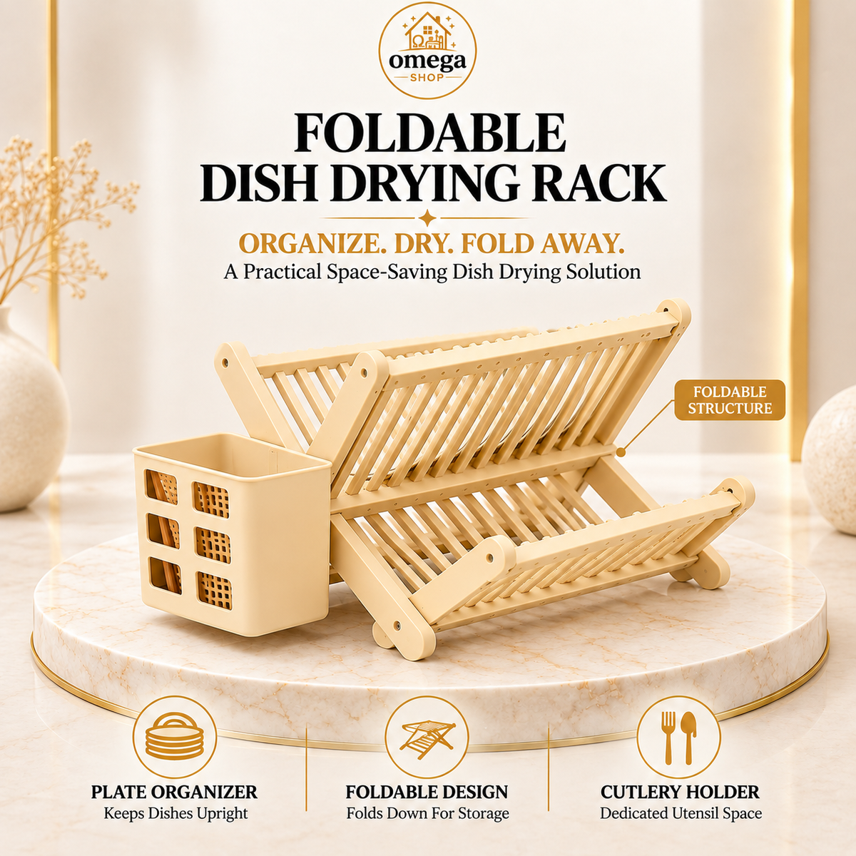 Omega Shop foldable dish drying rack in a light natural wood finish, shown open with a plate organizer cup on the left. The product is displayed on a round marble pedestal with promotional text and feature icons on a warm beige background.