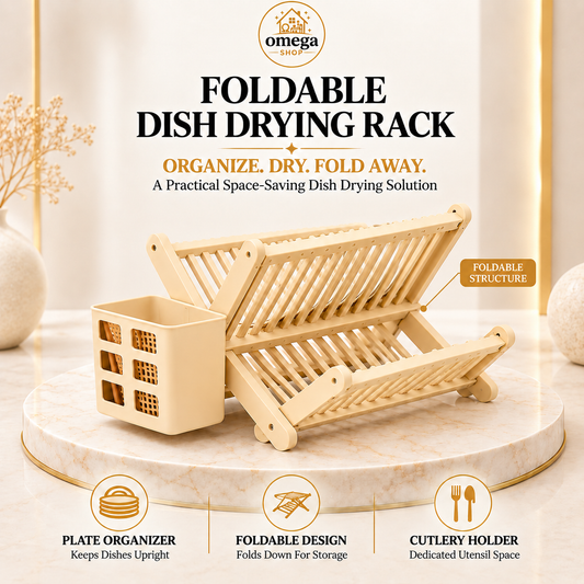 Omega Shop foldable wooden dish drying rack with a built-in plate organizer and cutlery holder, displayed on a marble pedestal with promotional text and feature icons.