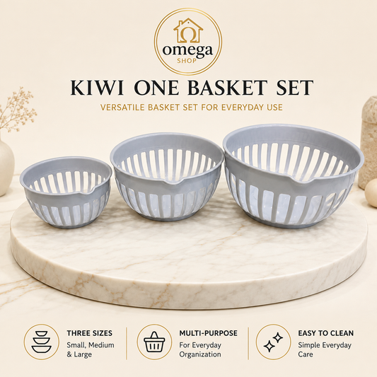 Three gray plastic kiwi-style basket strainers in small, medium, and large sizes displayed on a round marble pedestal. The image features the Omega Shop logo at the top and feature icons at the bottom describing the product's attributes.