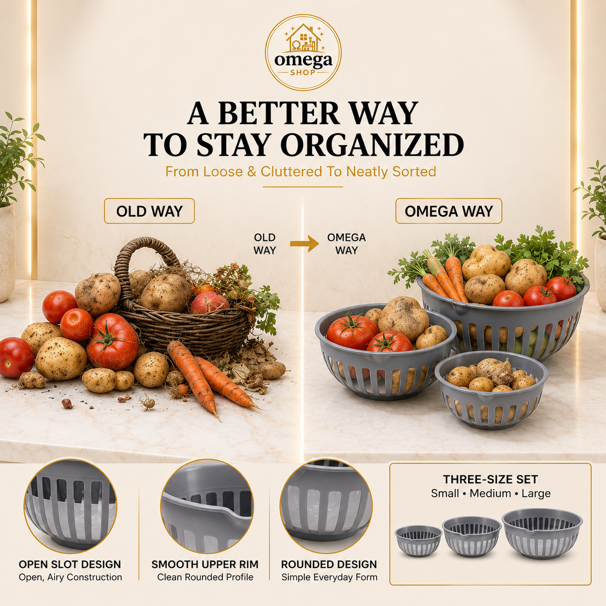 Promotional graphic for Omega Shop sorting baskets, showing a before-and-after comparison of loose and organized produce. The top half features the text 'A BETTER WAY TO STAY ORGANIZED' and shows a basket of mixed vegetables on the left labeled 'OLD WAY' and several neat, organized baskets on the right labeled 'OMEGA WAY'.