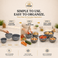 Omega Shop three-piece gray plastic basket organizer set shown in a step-by-step infographic on a beige kitchen background. The graphic demonstrates how to use the baskets: choose size, sort items, and organize groceries.