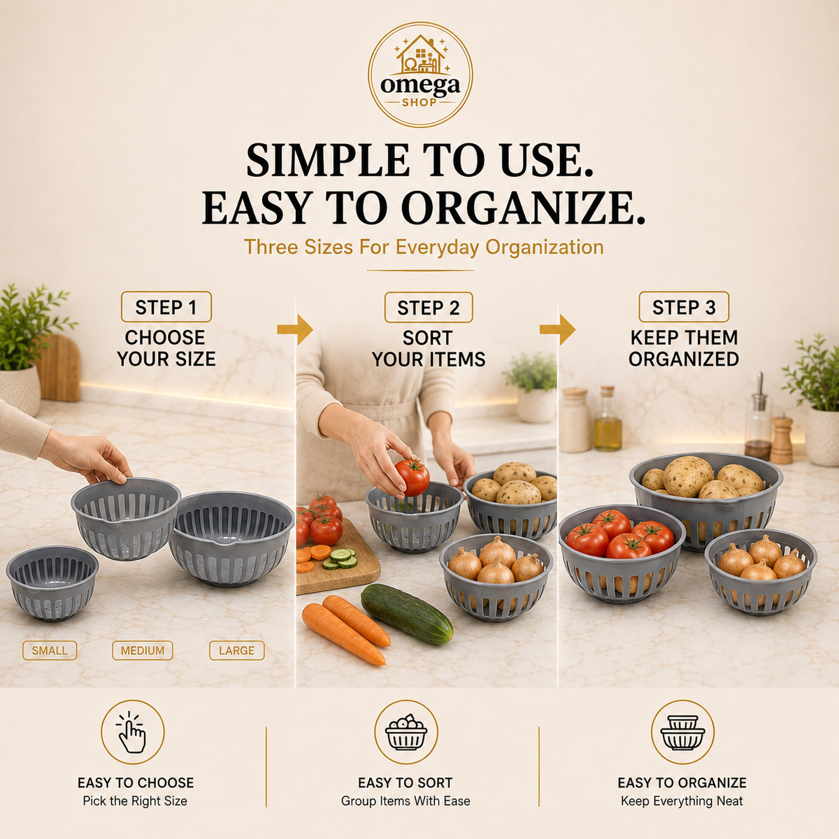 Omega Shop three-piece gray plastic basket organizer set shown in a step-by-step infographic on a beige kitchen background. The graphic demonstrates how to use the baskets: choose size, sort items, and organize groceries.