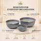 Three gray slotted plastic baskets in small, medium, and large sizes displayed on a round pedestal with promotional text and feature callouts for Omega Storage.