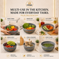Omega kitchen sink strainer basket shown in a multi-use promotional infographic with six labeled kitchen scenarios: rinse and wash, drain and dry, cut and prep, serve and hold, store and organize, and soak and clean. The image includes the Omega brand logo at the top and text highlighting practical, versatile, and convenient use.