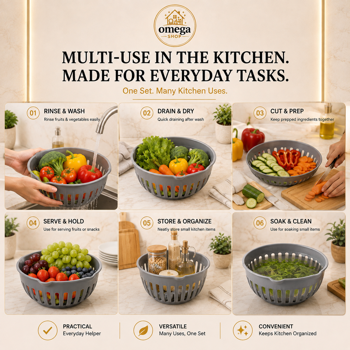 Omega kitchen sink strainer basket shown in a multi-use promotional infographic with six labeled kitchen scenarios: rinse and wash, drain and dry, cut and prep, serve and hold, store and organize, and soak and clean. The image includes the Omega brand logo at the top and text highlighting practical, versatile, and convenient use.