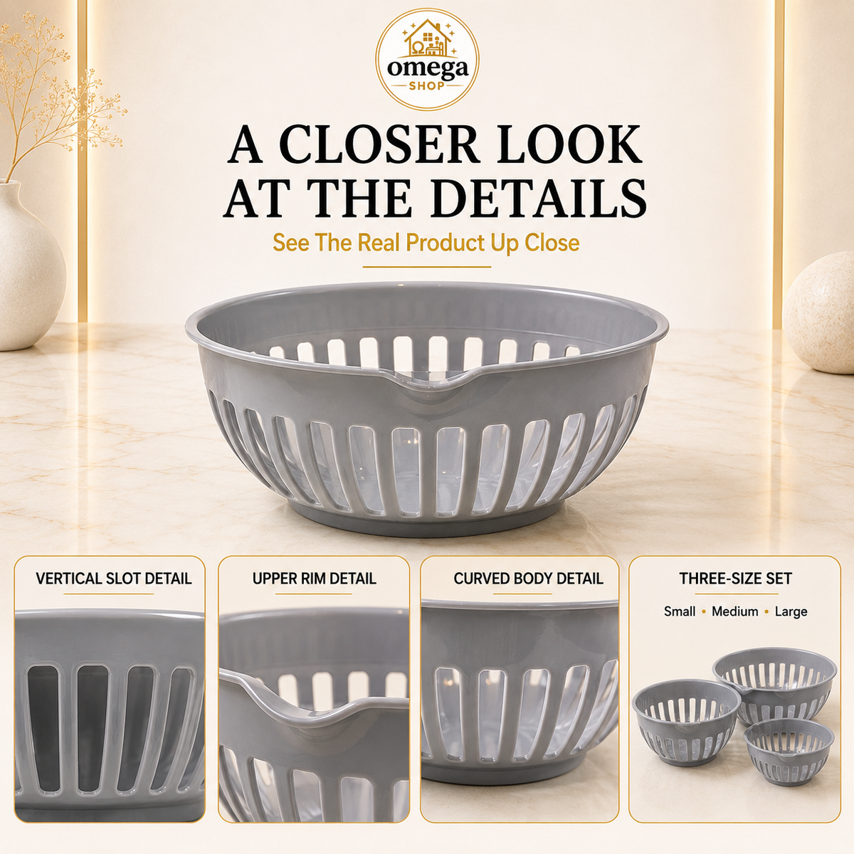 Omega Shop gray plastic three-size laundry basket set shown on a beige marble surface with promotional text and detail inset images highlighting the basket's vertical slots, rim detail, curved body, and set sizes.