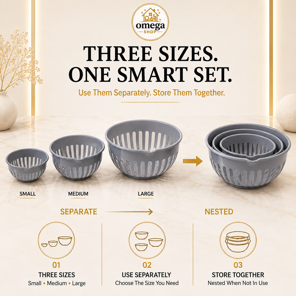 Omega 360° three-piece gray plastic basket strainer set shown in a beige kitchen-style infographic. The image displays the three sizes (Small, Medium, Large) and demonstrates both separate and nested storage configurations with text labels and arrows.