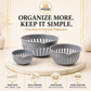 Three gray plastic basket strainers in small, medium, and large sizes displayed on a round marble pedestal. The image is branded with 'omega SHOP' at the top and features descriptive text and icons at the bottom highlighting the three sizes, multi-purpose use, open design, and nesting capability.