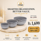 Omega Shop Kiwi One Basket Set featuring three gray plastic baskets in small, medium, and large sizes, displayed on a marble pedestal with promotional text and pricing details.