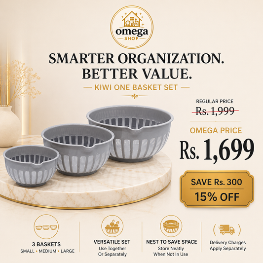 Omega Shop Kiwi One Basket Set featuring three gray plastic baskets in small, medium, and large sizes, displayed on a marble pedestal with promotional text and pricing details.
