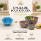 Omega Shop kitchen organizer set showing a blue basic basket alongside three coordinated gray three-size baskets filled with groceries, on a kitchen countertop with promotional text and icons.