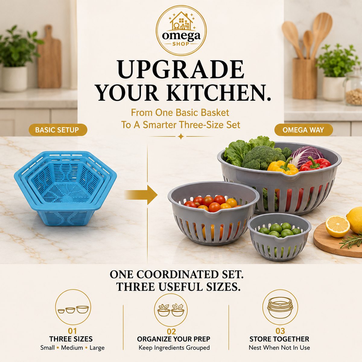 Omega Shop kitchen organizer set showing a blue basic basket alongside three coordinated gray three-size baskets filled with groceries, on a kitchen countertop with promotional text and icons.