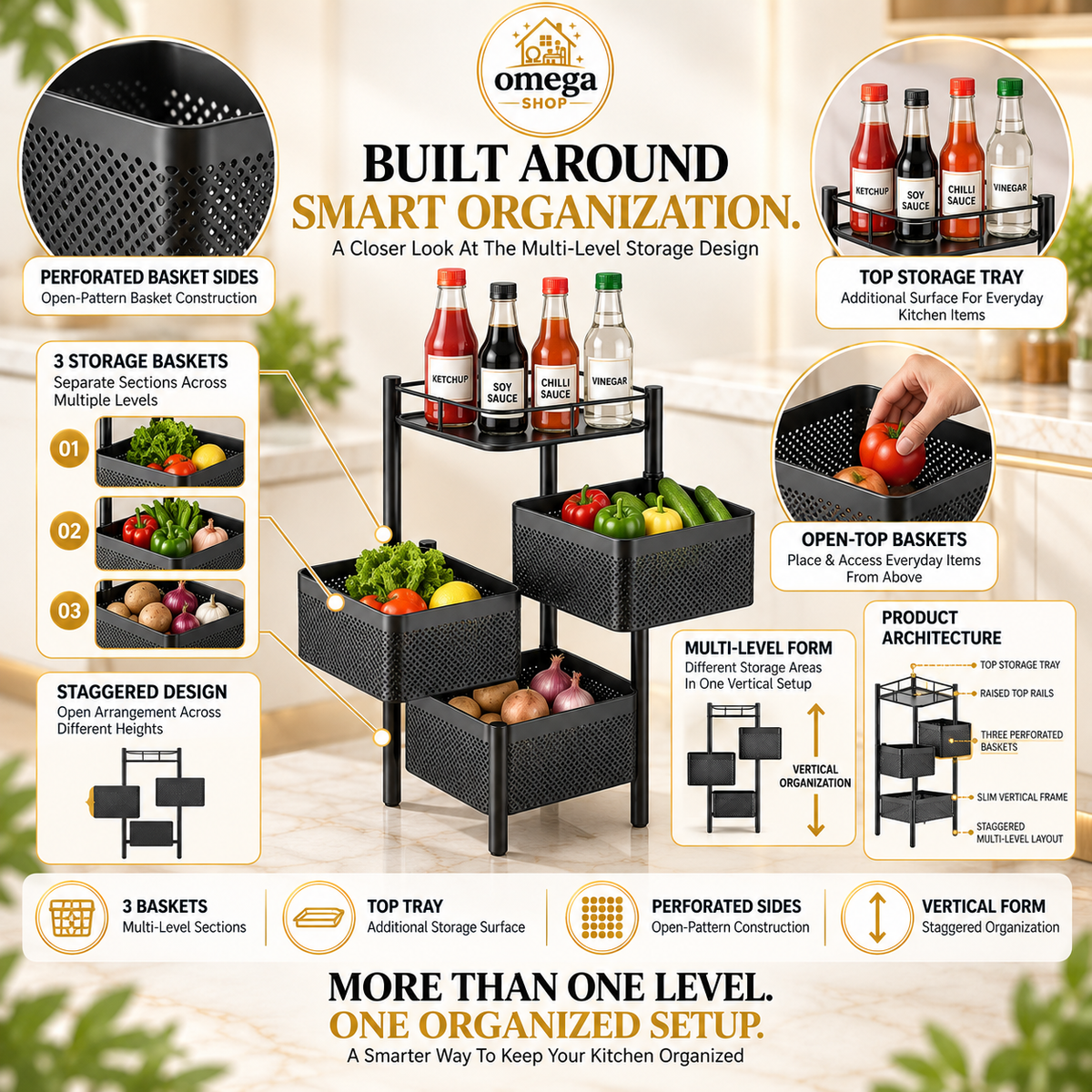 360° Rotating Multi-Layer Rolling Storage Rack | 3, 4 & 5 Tier Metal Organizer Cart