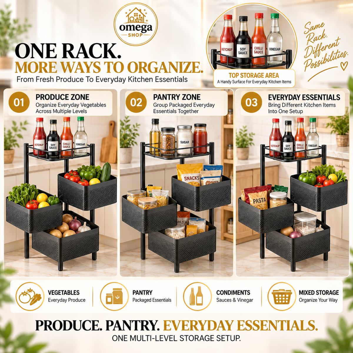 360° Rotating Multi-Layer Rolling Storage Rack | 3, 4 & 5 Tier Metal Organizer Cart
