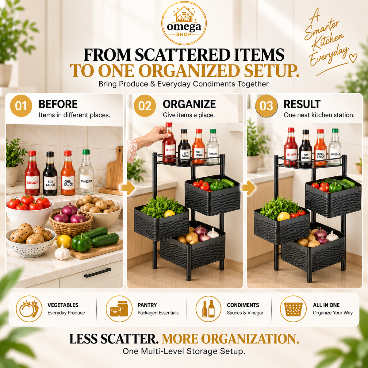 360° Rotating Multi-Layer Rolling Storage Rack | 3, 4 & 5 Tier Metal Organizer Cart