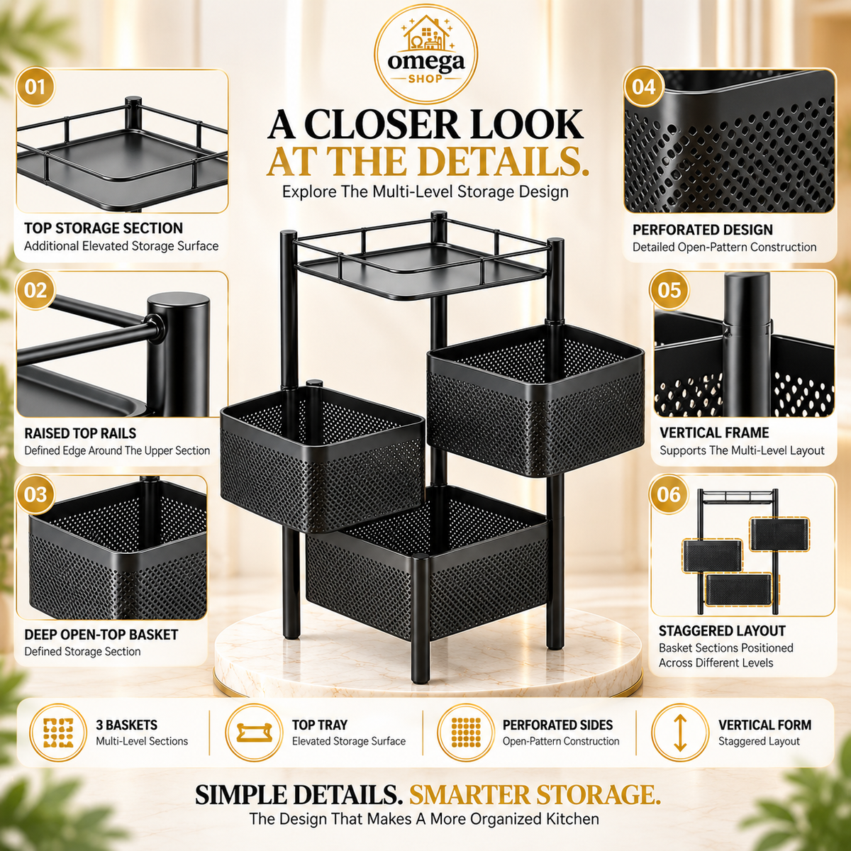 360° Rotating Multi-Layer Rolling Storage Rack | 3, 4 & 5 Tier Metal Organizer Cart
