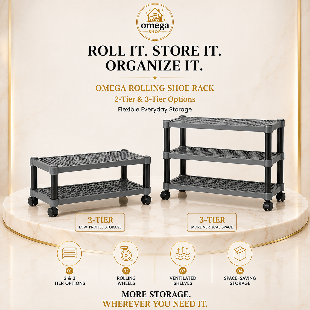 Premium Multipurpose Plastic Shoe Rack | 2 Tier & 3 Tier Storage Shelf with Wheels