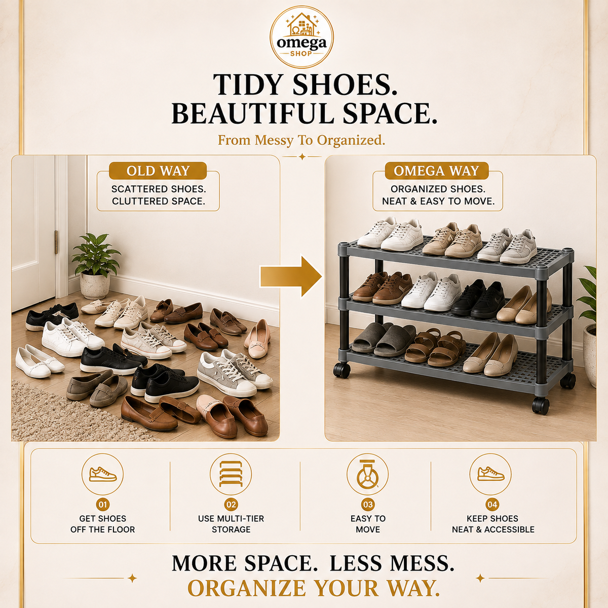 Premium Multipurpose Plastic Shoe Rack | 2 Tier & 3 Tier Storage Shelf with Wheels