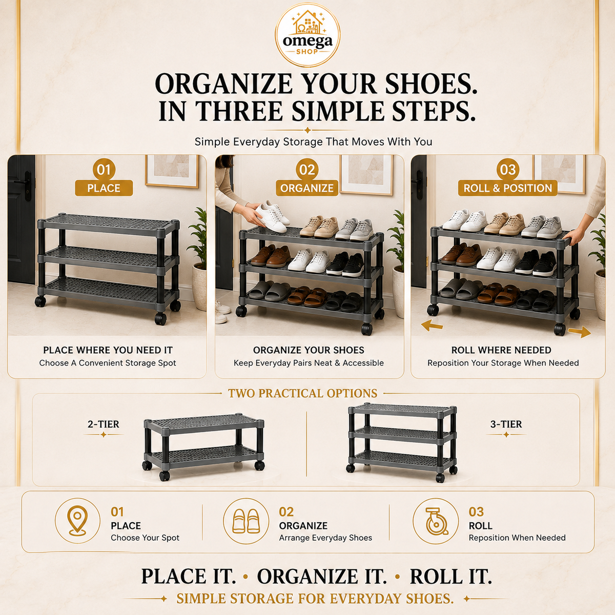 Premium Multipurpose Plastic Shoe Rack | 2 Tier & 3 Tier Storage Shelf with Wheels
