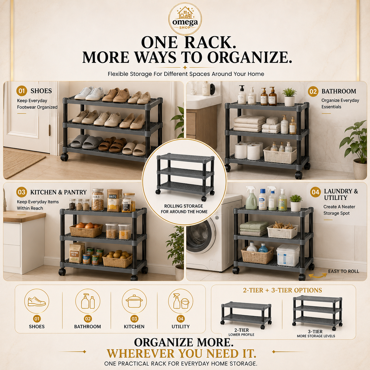 Premium Multipurpose Plastic Shoe Rack | 2 Tier & 3 Tier Storage Shelf with Wheels