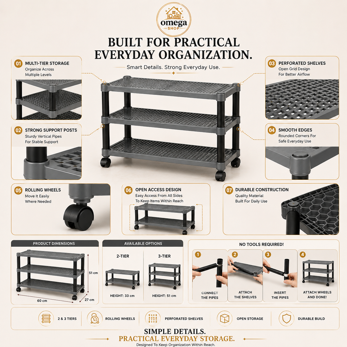 Premium Multipurpose Plastic Shoe Rack | 2 Tier & 3 Tier Storage Shelf with Wheels