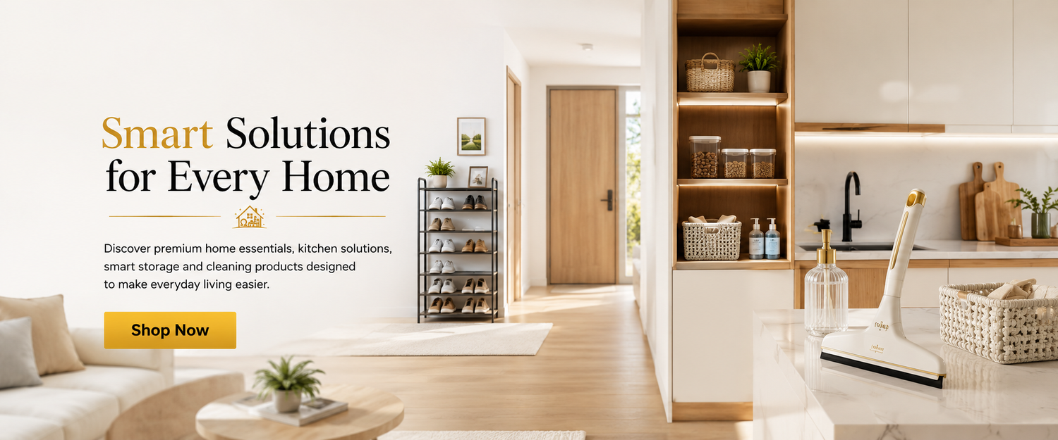 A promotional banner for home essentials and kitchen solutions, featuring a modern kitchen interior on the right and marketing text on the left that reads 'Smart Solutions for Every Home' with a yellow 'Shop Now' button.