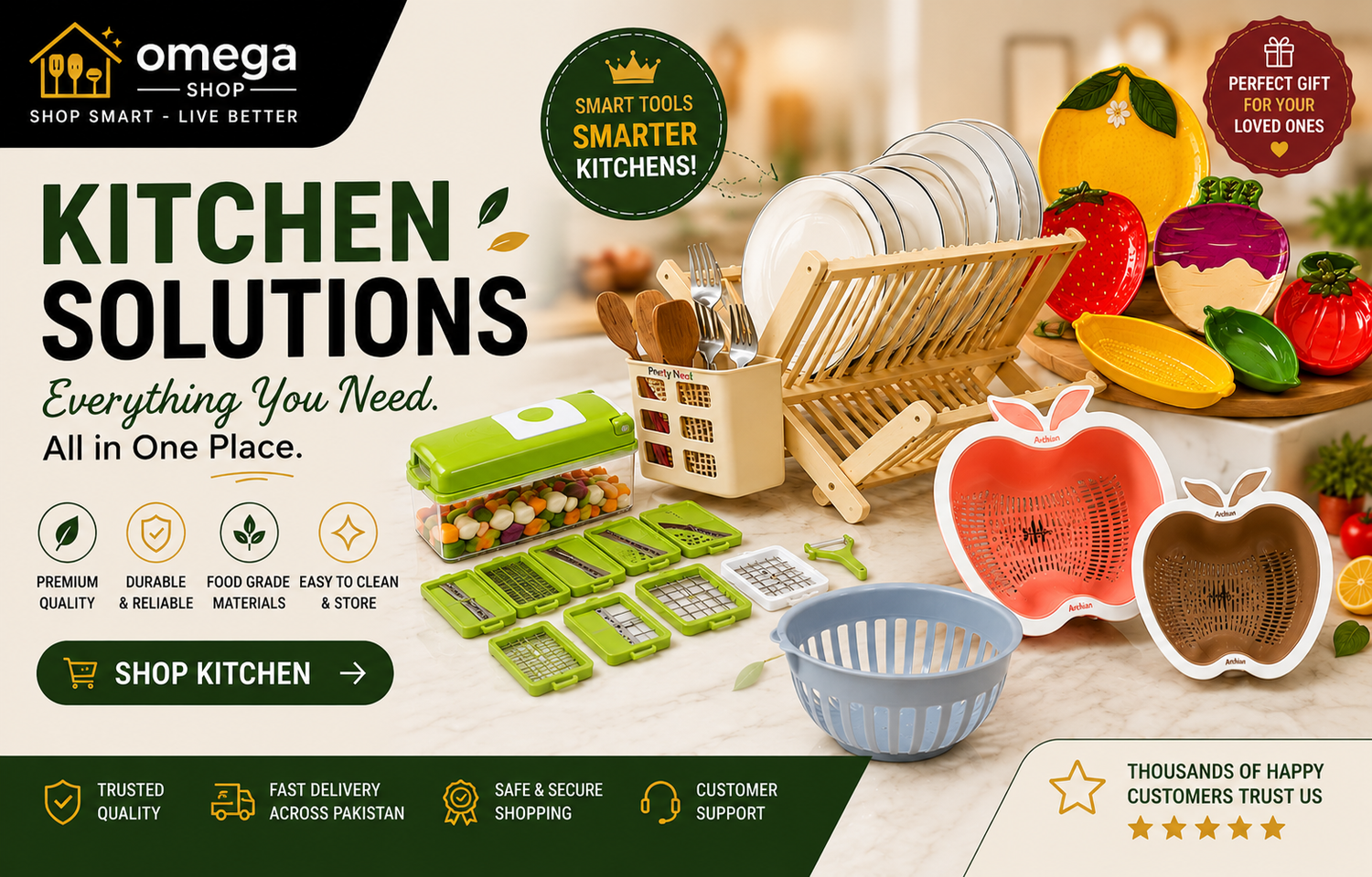 Promotional banner for Omega Shop Kitchen Solutions, showcasing various kitchen gadgets including a wooden dish rack with white plates, green vegetable choppers, a blue colander basket, and apple-shaped food cutters, set against a warm kitchen background with fresh produce.