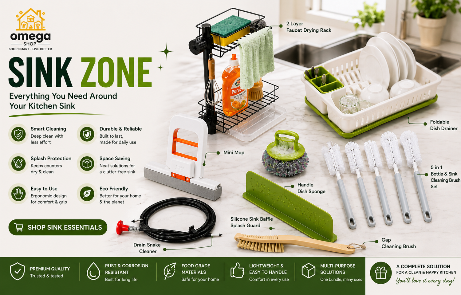 Omega Sink Zone kitchen drying rack and dish cleaning set shown as a product bundle on a white background with text callouts and a green footer banner.