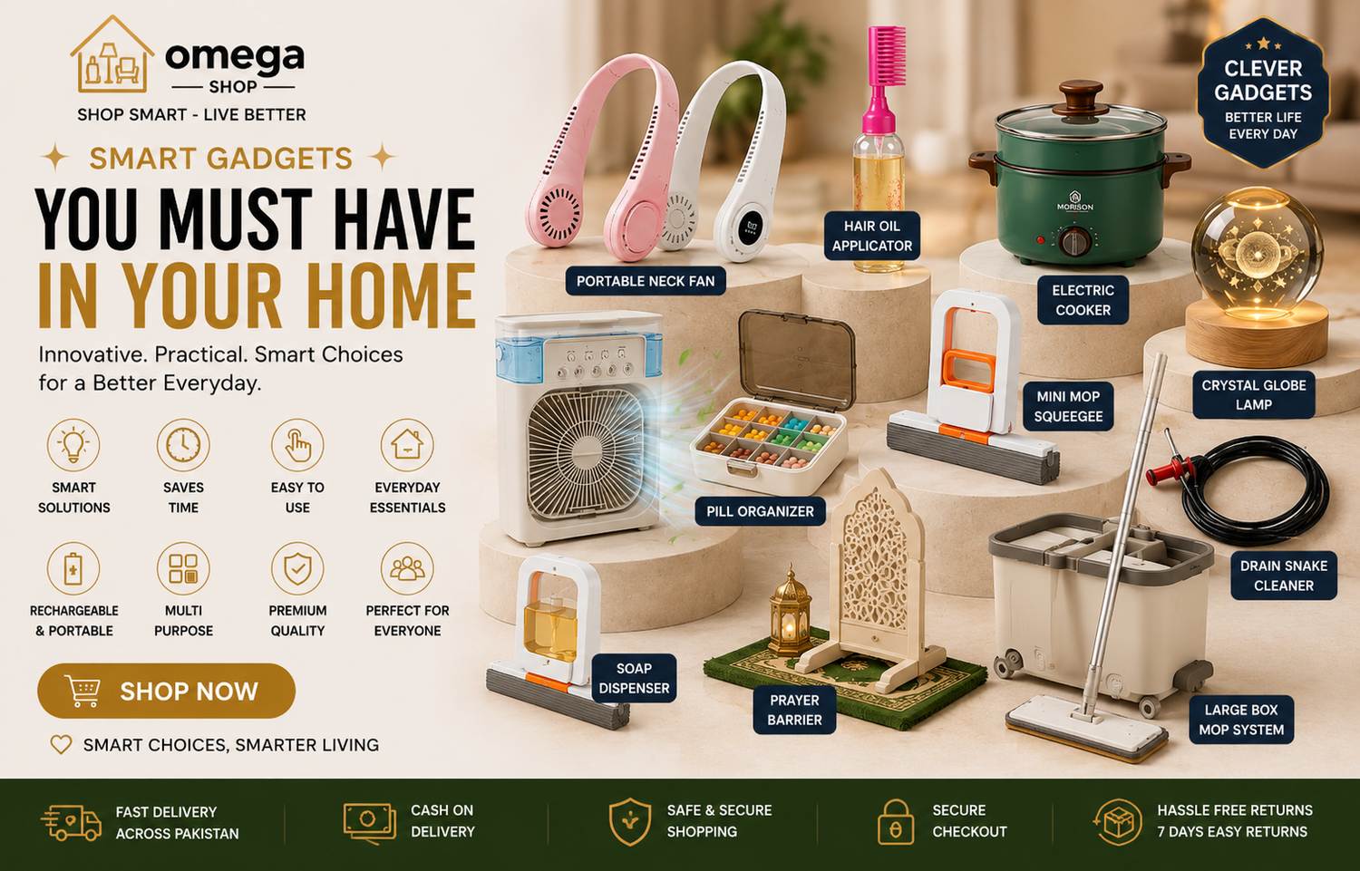 Omega Shop promotional banner showcasing a collection of smart home and living gadgets, including a portable neck fan, hair oil applicator, electric cooker, pill organizer, and a large box mop system, set against a warm interior background with promotional text and badges.