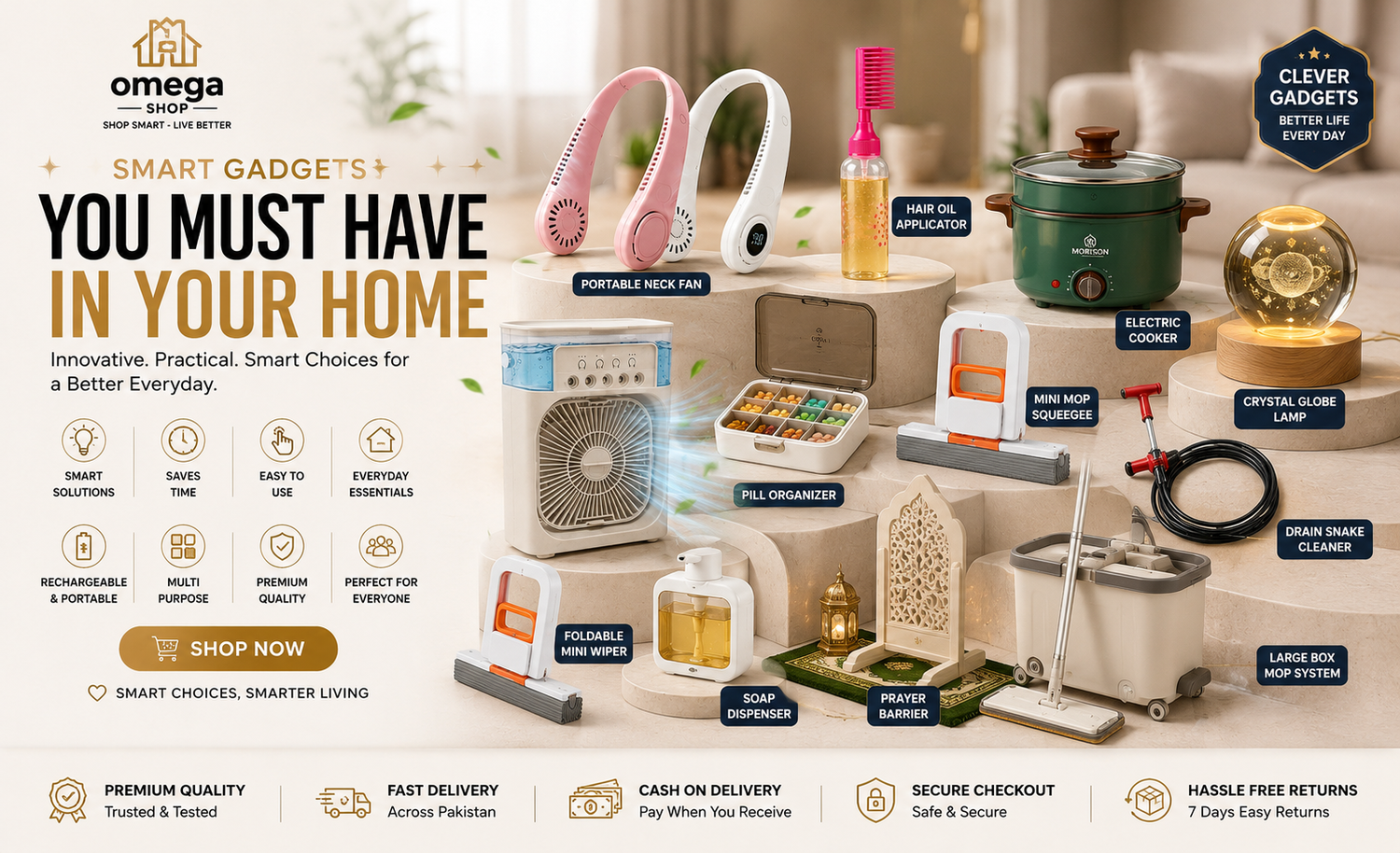A promotional collage for smart home gadgets and appliances, featuring a portable fan, electric kettle, electric coffee maker, electric stove, electric grinder, electric soap maker, electric toothbrush, electric shaver, electric lamp, and other smart home accessories arranged in a styled interior scene. The image includes branding for 'Omega Shop' and marketing text such as 'Smart Gadgets You Must Have in Your Home' and 'Shop Now'.