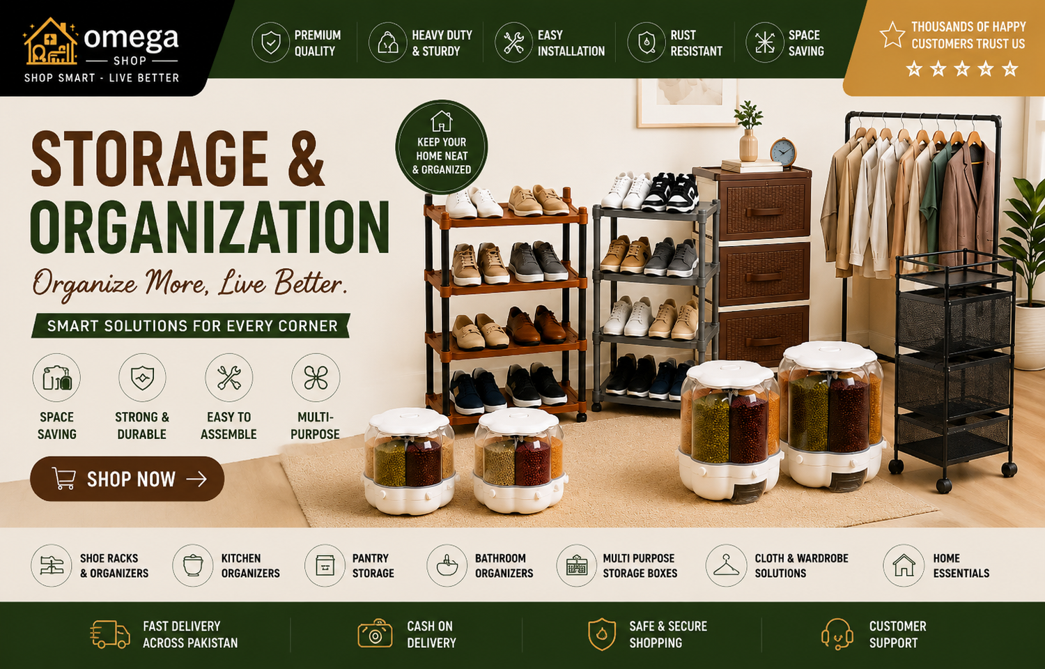 A promotional banner for Omega Storage Solutions showing various shoe racks, shoe boxes, and closet organizers in a styled home setting. The banner includes text such as 'STORAGE & ORGANIZATION' and 'Organize More, Live Better.