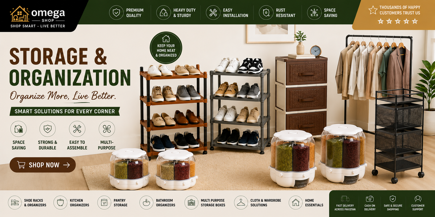 Omega brand home organization and storage product banner showing multiple shoe racks, drawers, hanging garments, and cylindrical storage bins in a styled interior room scene.