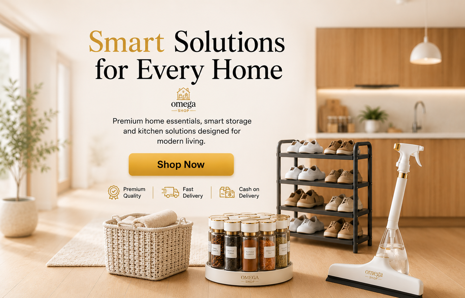 Promotional banner for Omega home essentials, featuring a smart storage shelf with shoes, a basket with towels, a round spice rack, and a floor-mounted steam cleaner in a modern, warm-toned kitchen setting. Text reads 'Smart Solutions for Every Home' with a 'Shop Now' button.