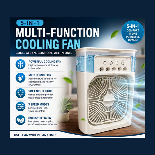 A 5-in-1 multi-function cooling fan product image with text callouts on a dark blue background. The fan is white with a blue water tank and control panel, shown alongside feature icons for cooling, mist humidifier, soft night light, 3 speed modes, and energy efficiency.