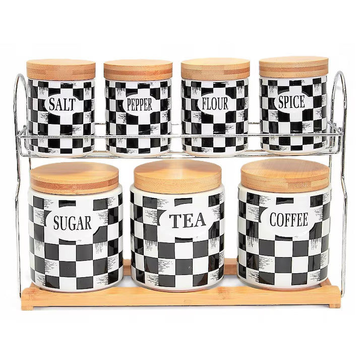 7-Piece Ceramic Canister Set with Marble Design & Bamboo Lids