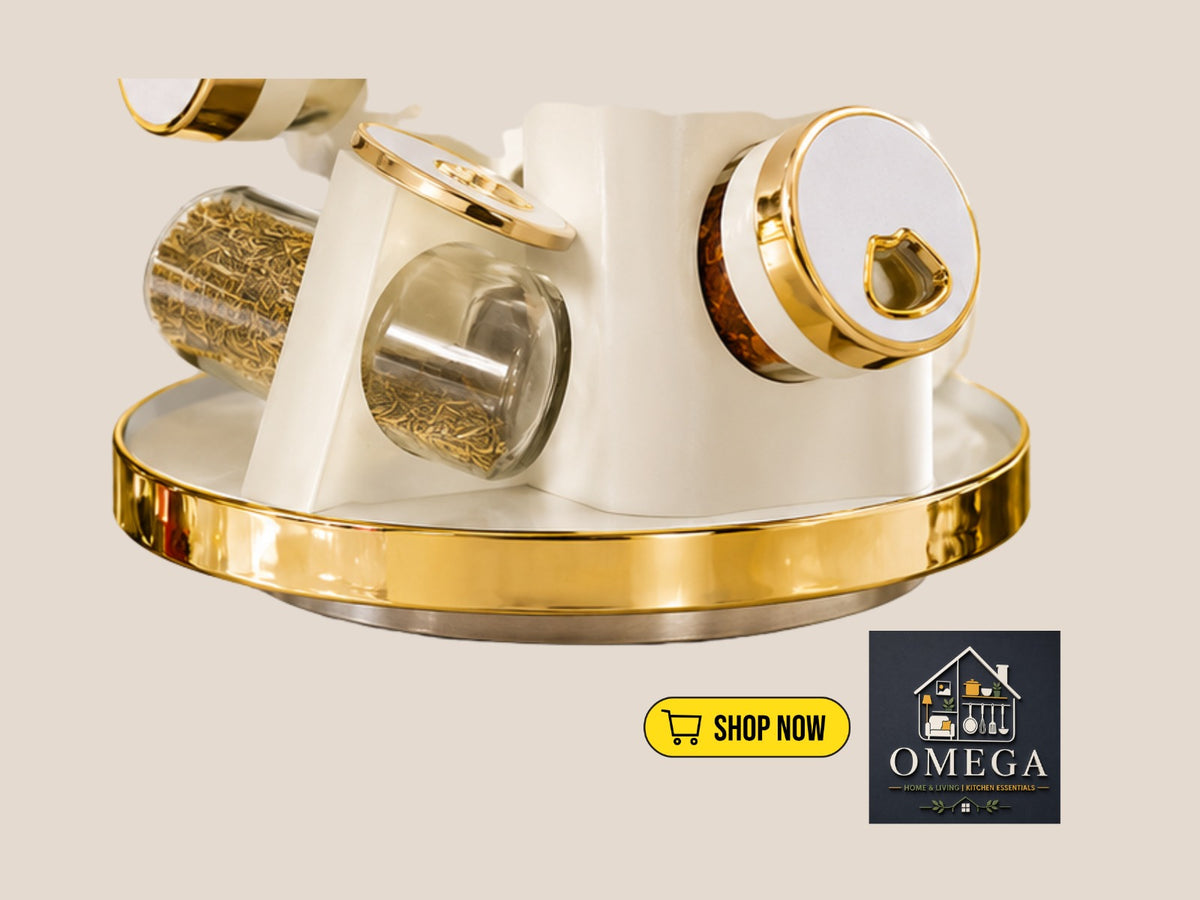 Decorative wall shelf with gold and white finish on a beige background, featuring 'Omega' brand logo.